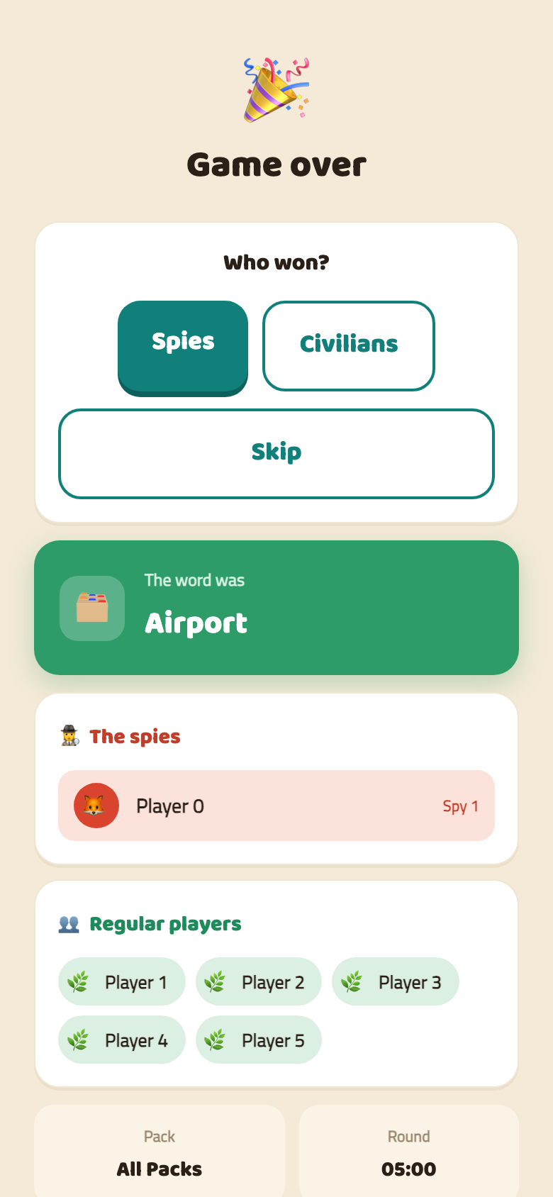 Ghashim's end-of-round screen revealing 'The word was Airport', with the round summary at the bottom showing Pack: All Packs and Round: 05:00.