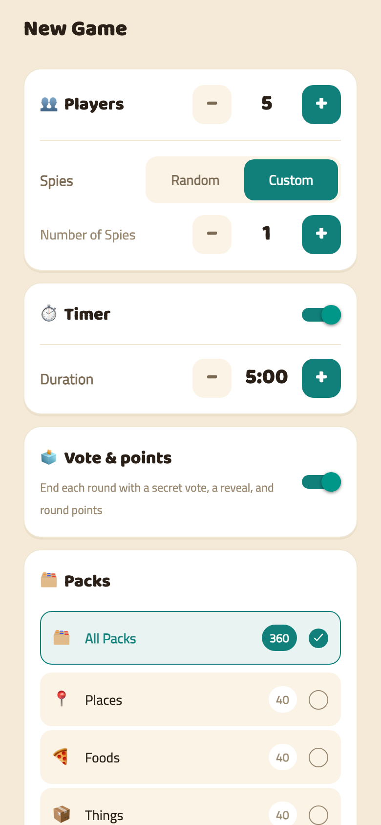 Ghashim's pack picker inside the New Game screen, below the players, spies and timer controls: All Packs selected with a 360-word count, and Places, Foods and Things each listed at 40 words.