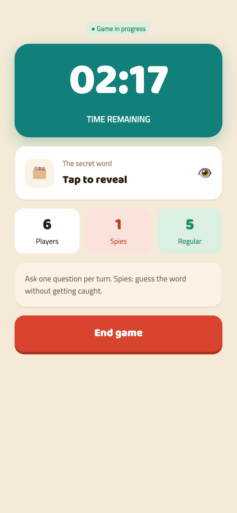 A Ghashim round in progress: a 02:17 time-remaining countdown, a 'The secret word — Tap to reveal' card, a 6 players / 1 spy / 5 regular breakdown, and a red End game button.